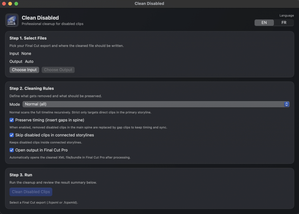 Interface de Clean Disabled pour nettoyer une timeline Final Cut Pro